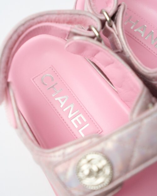 Chanel Pink Laminated Calfskin Dad Sandals 37