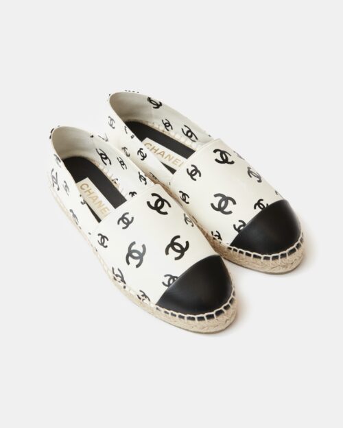 Chanel Printed Lambskin CC White Black Espadrilles