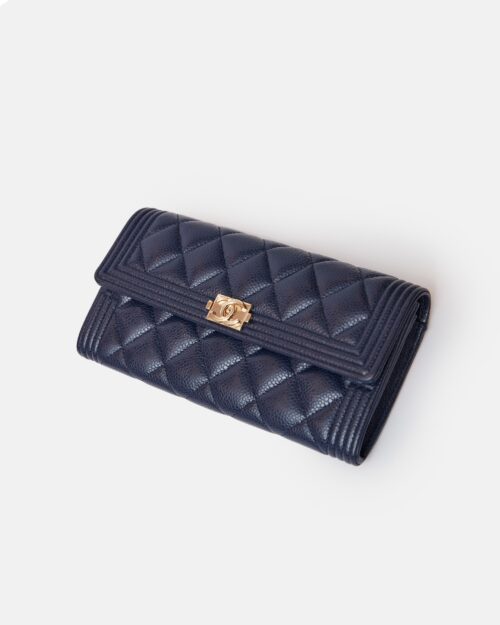 Chanel Boy Long Flap Wallet Blue Caviar Gold Hardware