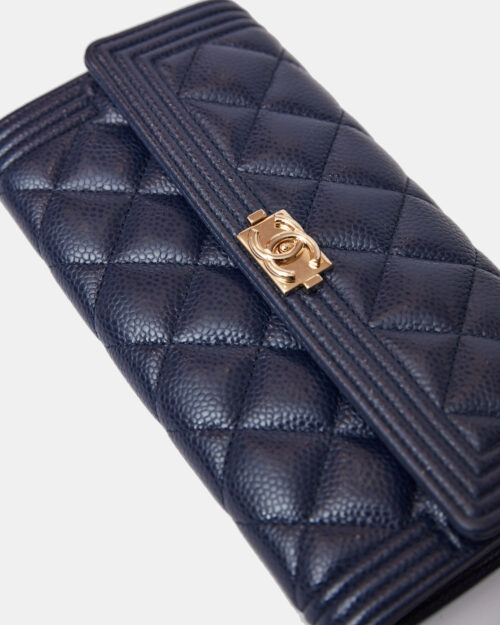 Chanel Boy Long Flap Wallet Blue Caviar Gold Hardware