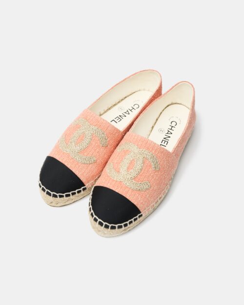 Chanel Light Orange Cotton Tweed Fabric and Grosgrain Espadrilles