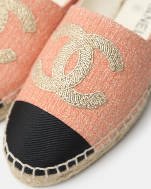 Chanel Light Orange Cotton Tweed Fabric and Grosgrain Espadrilles